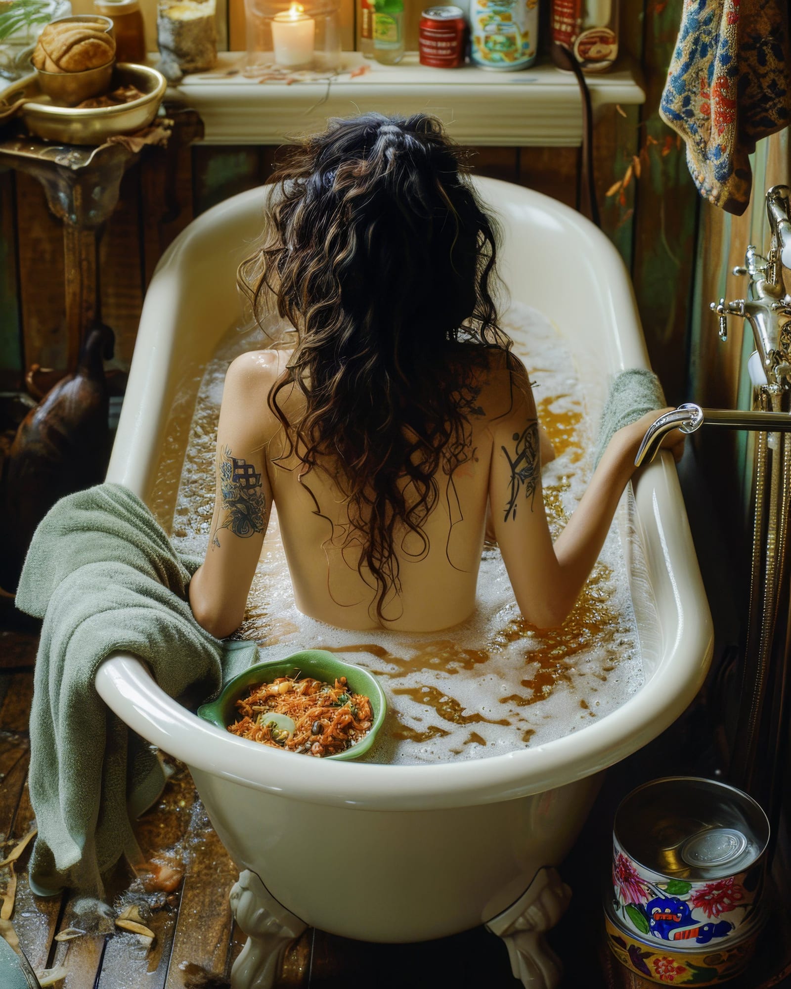 Woman viewed from behind in a foaming bathtub, tattoos on her arms, long wavy hair, a dish of noodles resting on the edge.