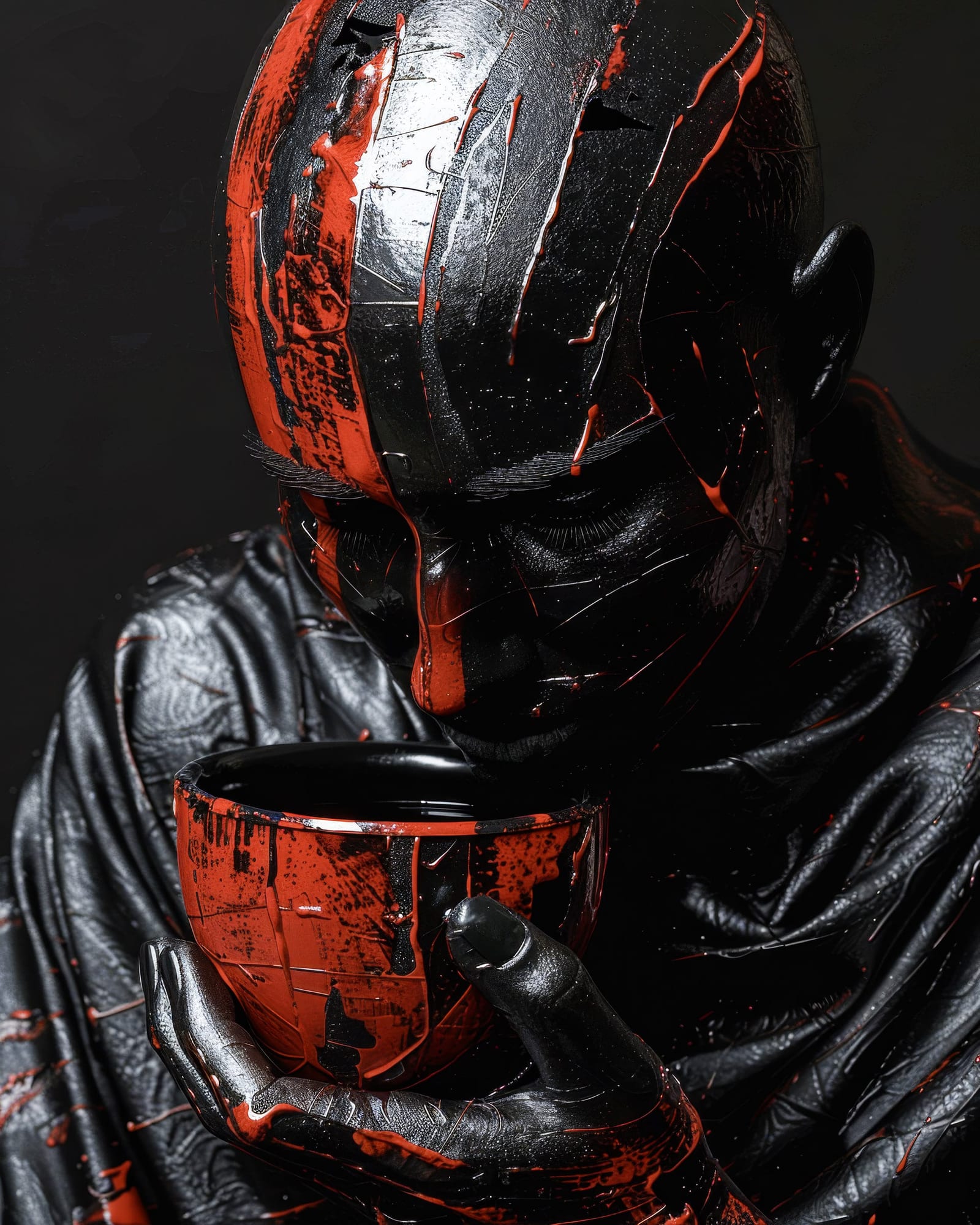 Figure with skin covered in glossy black matter drinking from a red bowl, thick scarlet liquid dripping down their bald head.
