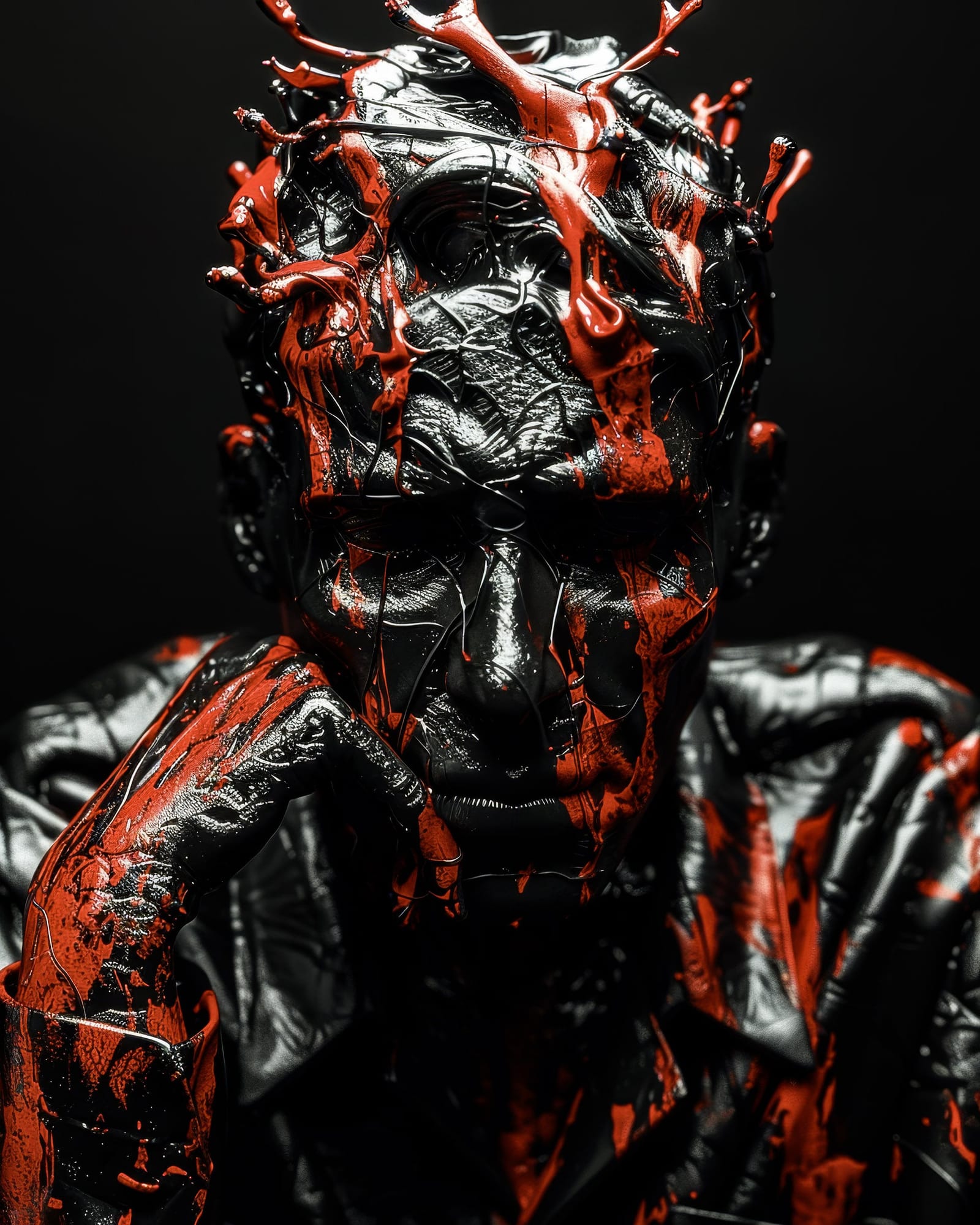 Portrait of a face and hand covered in glossy black matter, with violent red splatters frozen in mid-air around the head, pensive pose.