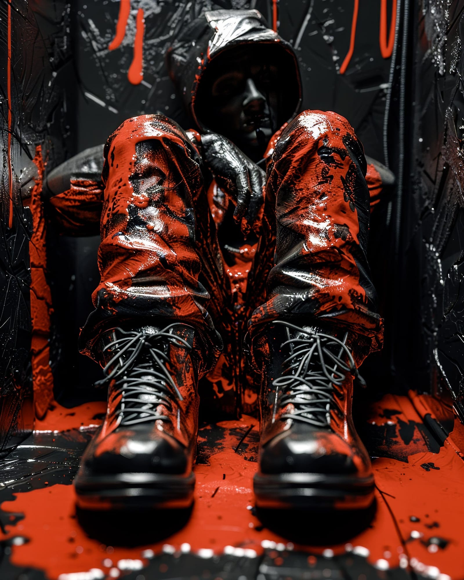 Figure wearing a hoodie and heavy black boots, sitting in a dark, narrow space, entirely covered in glossy black and red fluids.